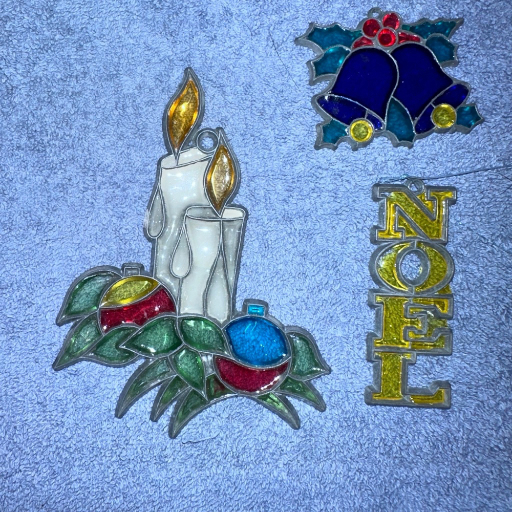 Vintage Christmas Themed Suncatcher Tree Ornaments Candle Noel Bells